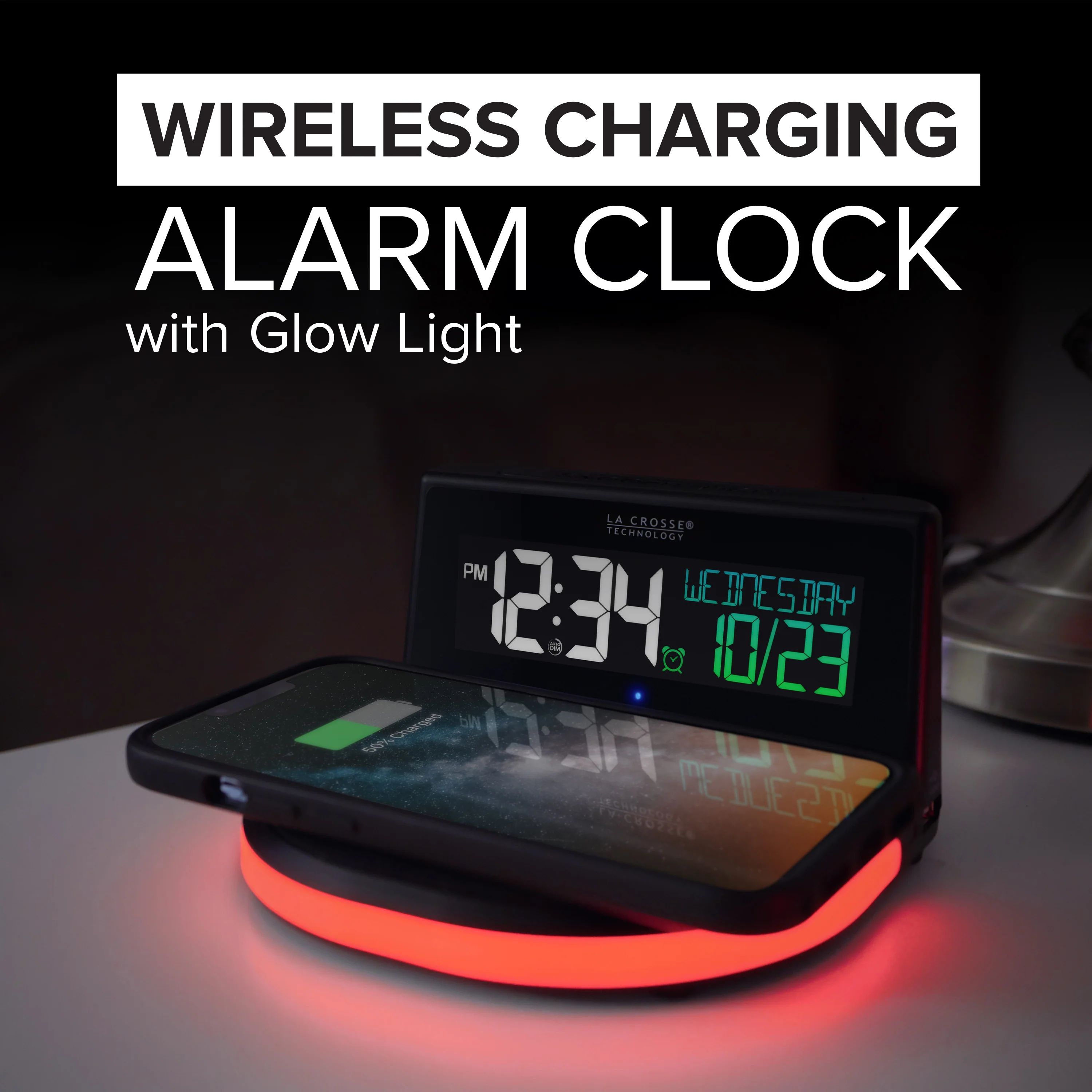 617-148 Wireless Charging Alarm Clock with Glow Light - Image 2
